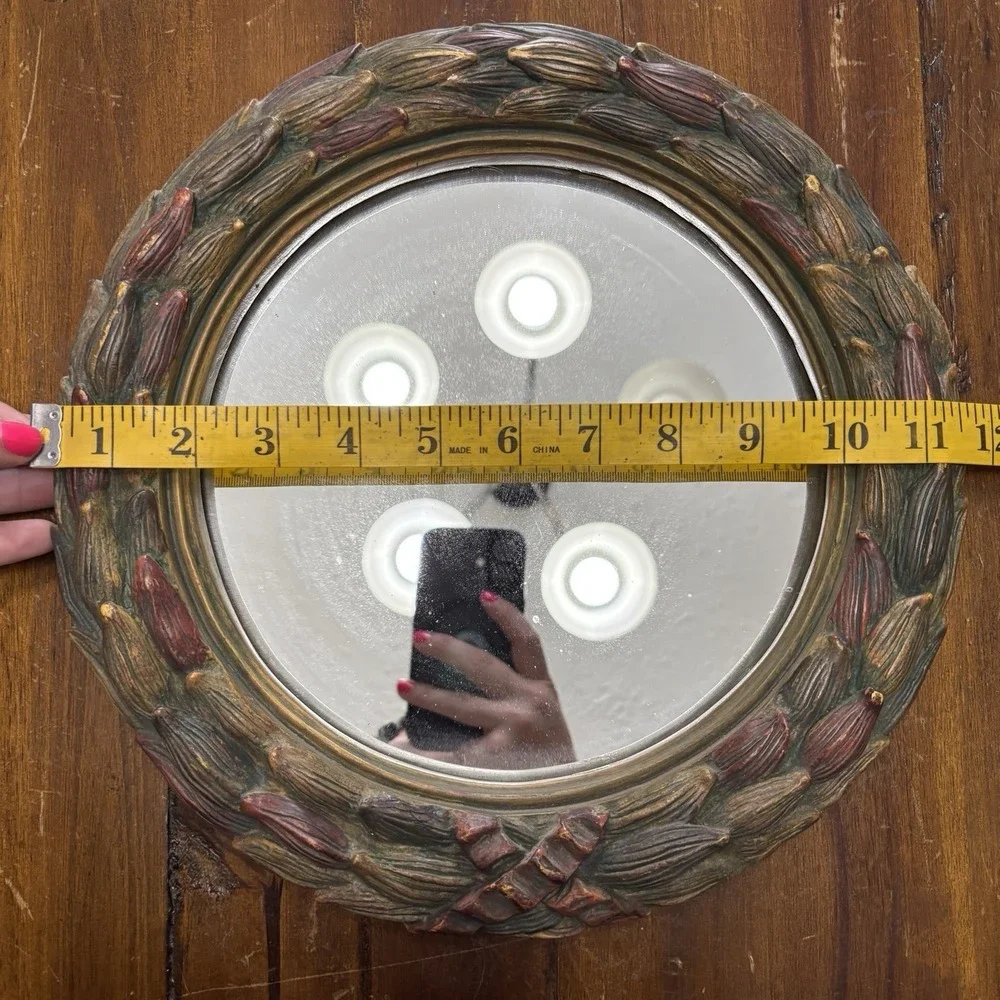 Vtg Carved Laurel Leaf Mirror Round 12